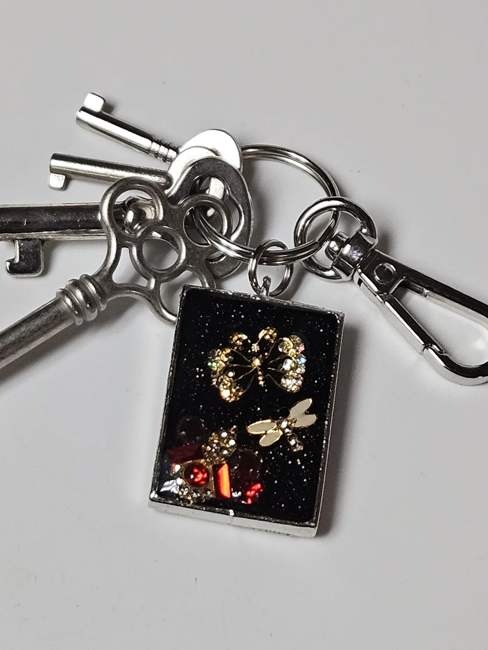 Black Glitter Butterfly & Dragonfly Keychain Charm Crystal Accents